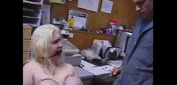  Blonde whore gets her massive tits bound for her pleasure by a demanding man